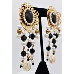 Jacklynn Vintage Beaded Fringe Clip On Earrings Black Crystal Pearl Gold BinBF