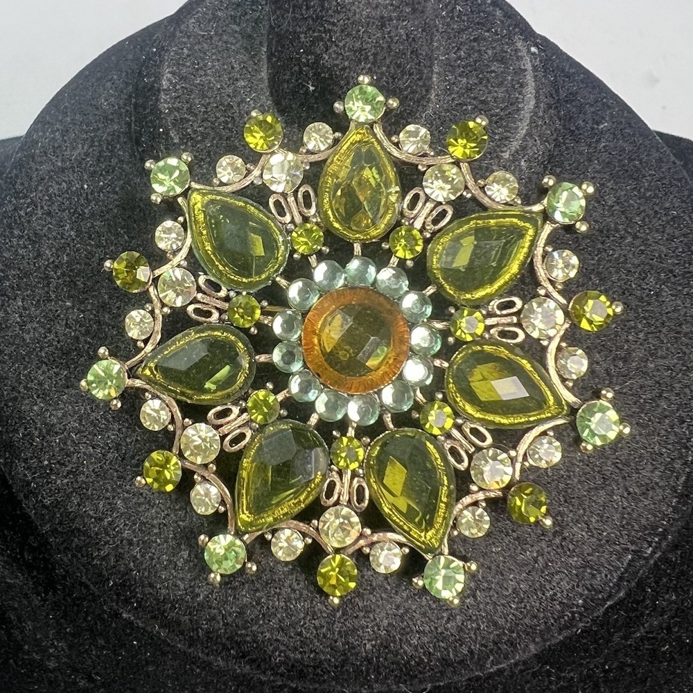 Beautiful Multi Shape Green Rhinestone Gold Tone Brooch Pin Pendant