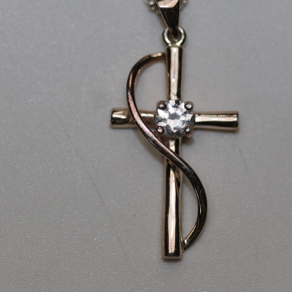Rose Gold Cross Pendant Necklace with Center Gem Sterling Silver