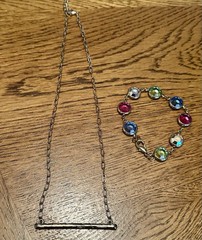 Vintage Gold Tone Multi Color Rhinestones Bar Paperclip Necklace & Bracelet