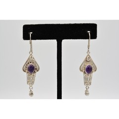 Vintage 925 Sterling Silver Dangle Drop Earrings Purple Cabochon Signed Bin4