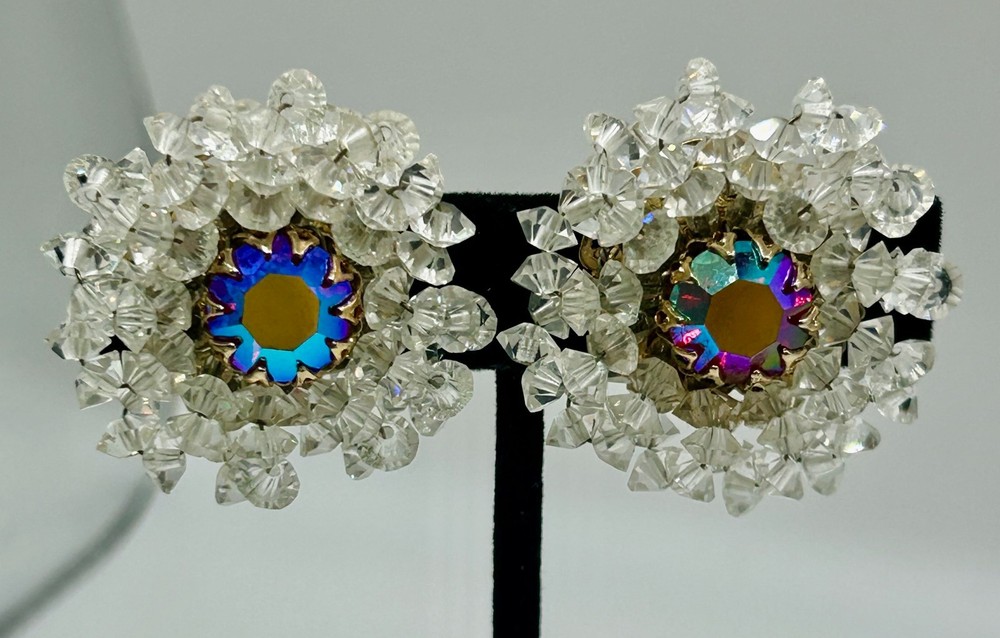 VINTAGE VENDOME CLIP ON EARRINGS WATERMELON RIVOLI CENTER CRYSTAL BEAD SURROUNDS