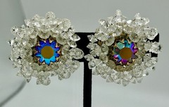 VINTAGE VENDOME CLIP ON EARRINGS WATERMELON RIVOLI CENTER CRYSTAL BEAD SURROUNDS
