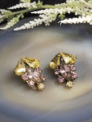 Vtg Yellow Lavender Czech Glass Rhinestone Clip On Earrings