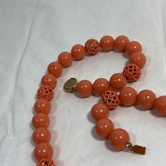 VINTAGE Orange Acrylic Metal Filigree Bead Necklace Gold Tone Box Clasp 18″