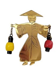 Gold Tone Brass Made in Brazil Asian Water Lantern Man Brooch Pin