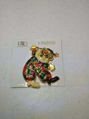 NOS Gold Tone Clown Pin Brooch with Red Blue Green Purple Yellow White Enamel