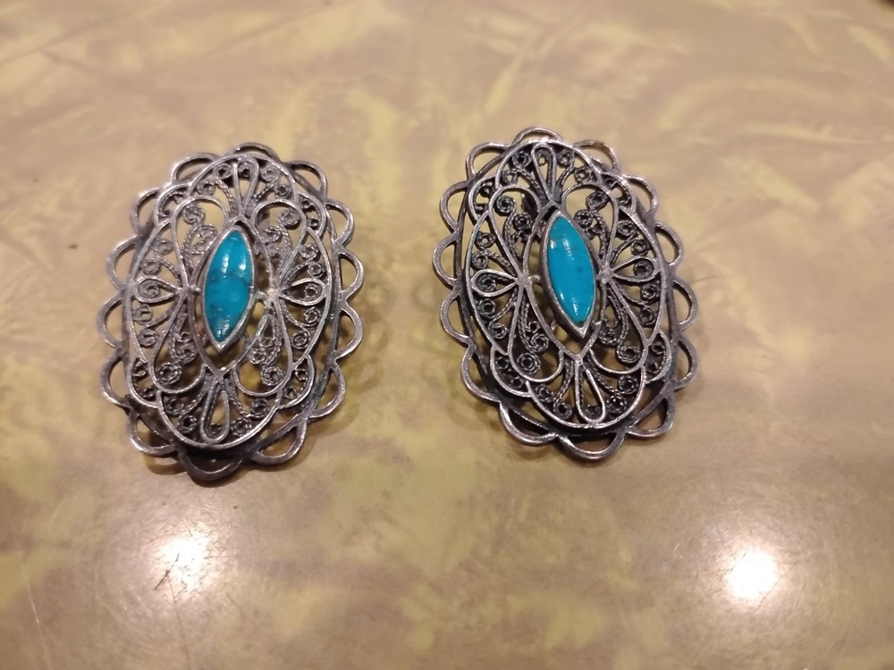 Vintage Turquoise and Filigree Earrings for Pierced Ears. Very Solid and Unique