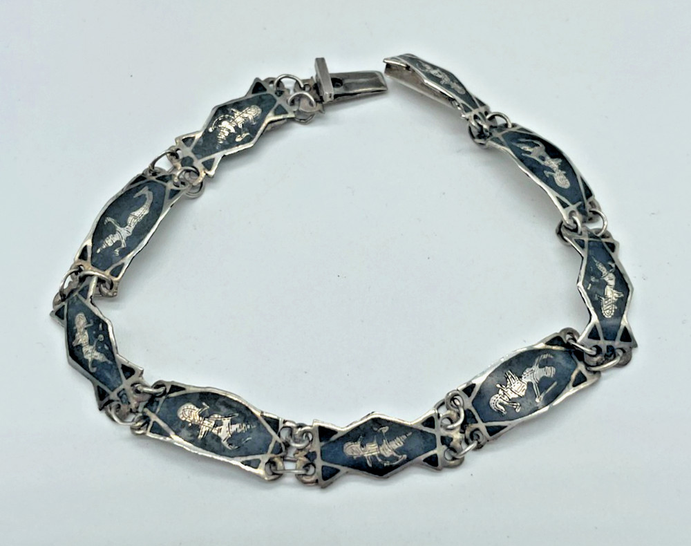 VTG Signed SIAM Niello 925 Sterling Silver Enamel Panel link bracelet 7″