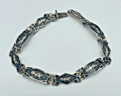 VTG Signed SIAM Niello 925 Sterling Silver Enamel Panel link bracelet 7″