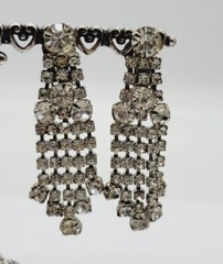 Crystal Chandelier Clip On Earring FRINGE Dangle Rhinestone Silver tone 2.25 in