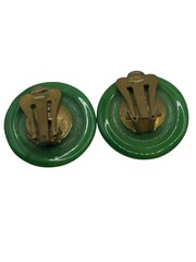 Chunky MOD Lucite Clip Earrings Marbled Green Button Domed Round MCM Vintage