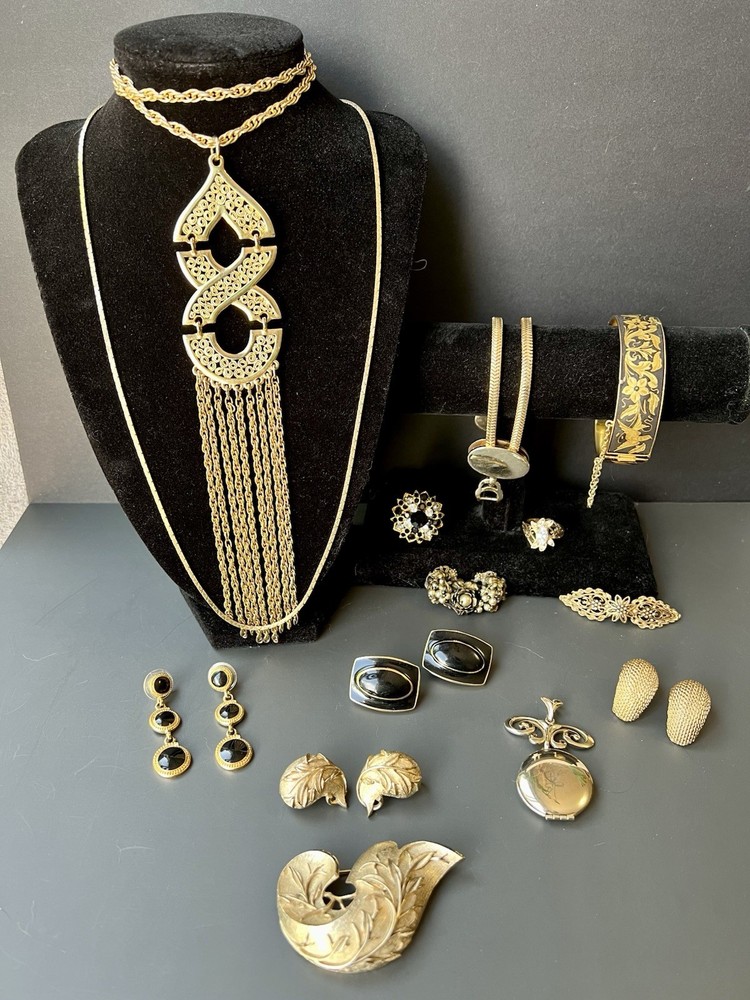 Vintage Gold Black Jewelry Lot —Damascene, Trifari, Sarah Coventry, Monet, More