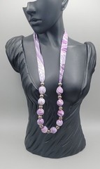 Vintage Purple Silk Wrapped Bead Necklace White Swirl Silver Tone Spacers 22″