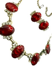 Vintage Satin Plastic Cabochons Rhinestones Necklace Earrings Set