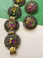Vintage 1950s JUDY LEE Bracelet and Earrings Set Iridescent Carnival Glass Rare