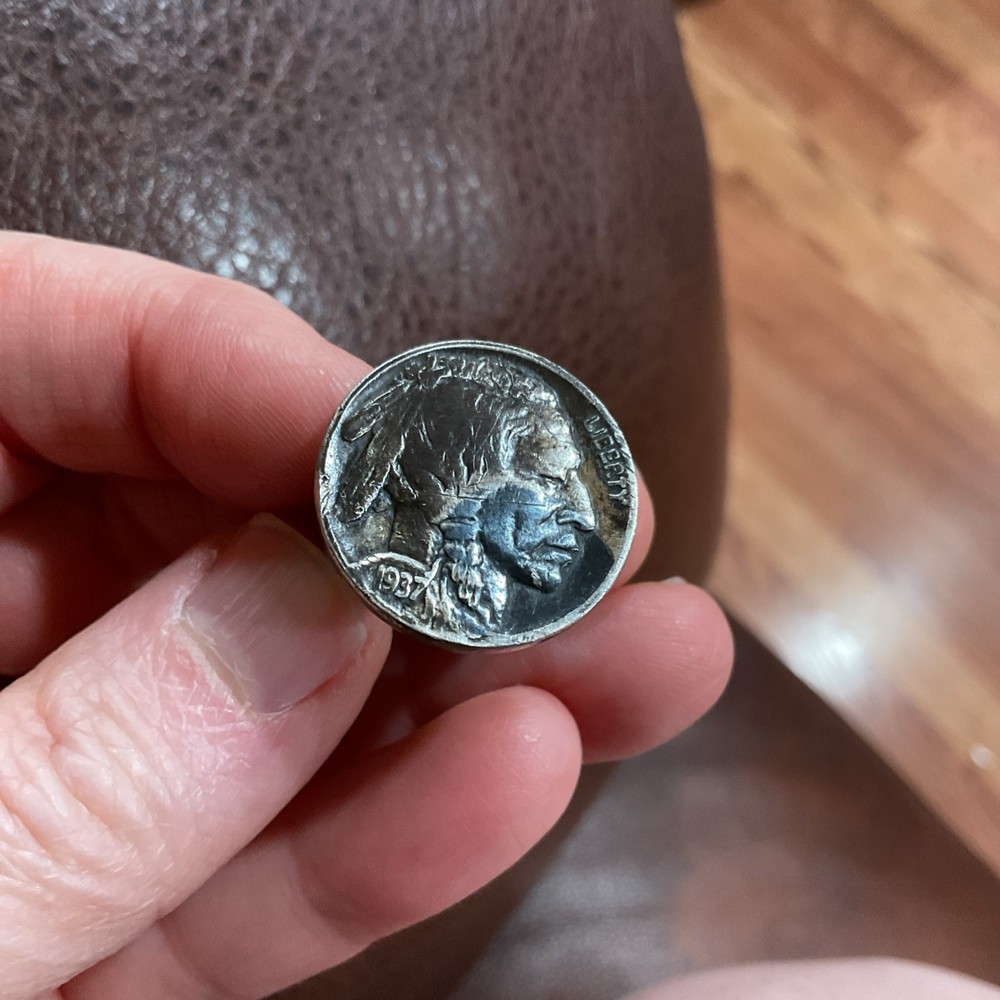 Authentic 1937 buffalo nickel ring loin Signet Ring Old-vintage Sterling Silver