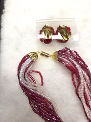 Vtg gold tone red white glass tube mutli strand Earrings Necklace Set