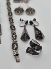 Rare Antique 1940s Siam Sterling Silver Niello Jewelry His And Hers Complete Set