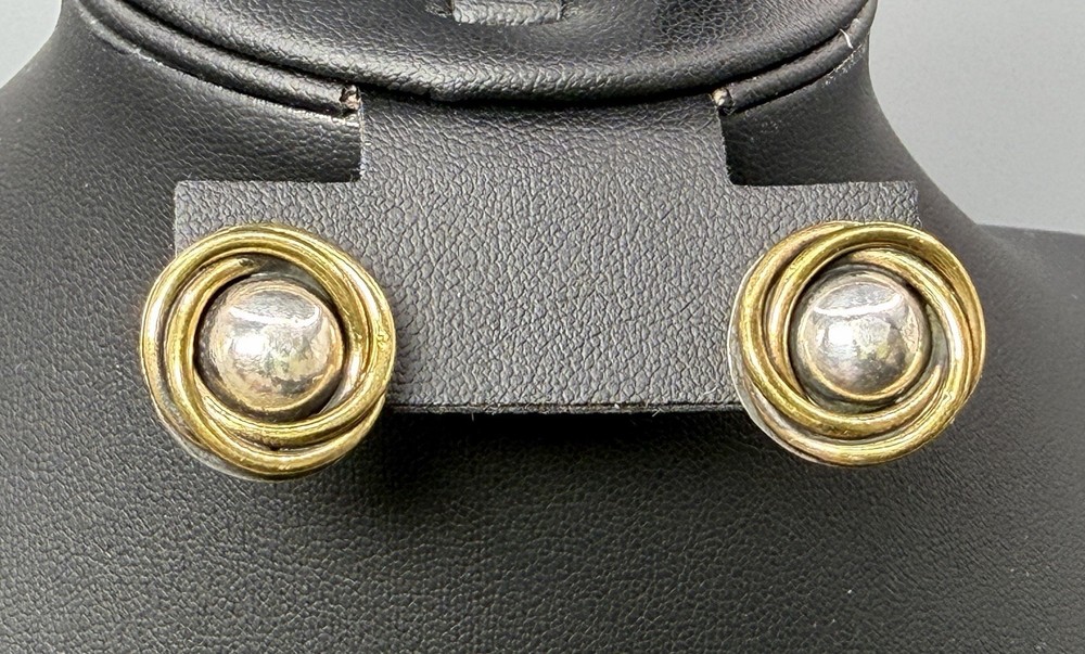 Laton Taxco Sterling Modernist Saturn Orbit Stud Earrings Mixed Metal Artisan