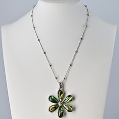 LIA SOPHIA Original Vintage Signed Abalone Flower Lily Pendant Silver Necklace