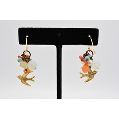 Vintage Beaded Earrings Dove Bird Brushed Gold Tone Multi-Color Dangle BinAB