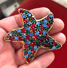 Vintage WEISS signed Red, Green, Blue Colored Starfish Crystal Rhinestone Brooch