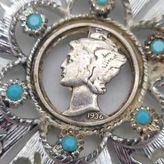 Vtg Central Brand 1936 Mercury Dime Cutout Silver Tone Pendant, Faux Turquoise