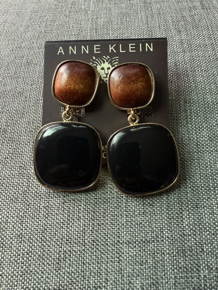 Vintage Ann Klein Wood Statement Earrings Black Brown Dangle Drop Career Boho