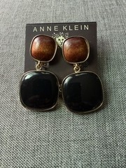 Vintage Ann Klein Wood Statement Earrings Black Brown Dangle Drop Career Boho