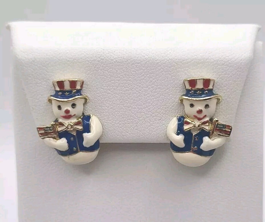 Vintage Patriotic Christmas Snowman Enamel ClipOn Earrings American Flag Holiday