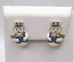 Vintage Patriotic Christmas Snowman Enamel ClipOn Earrings American Flag Holiday