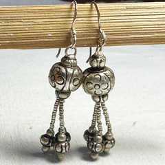 VTG 925 Sterling Silver Filigree Circle Thai Ornament Tassel Earrings Drop 4.5cm
