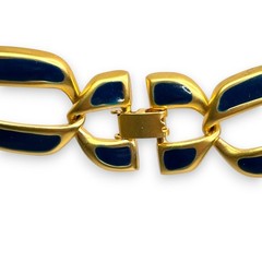 1980s Gold-Tone Navy Enamel Chunky Oversize Link Necklace 16″ Fold-Over Clasp