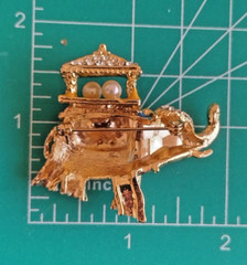 Elephant Brooch Gold Tone, Rhinestones, 2 Fauz Pearls, Green Eye, Blue Enamel