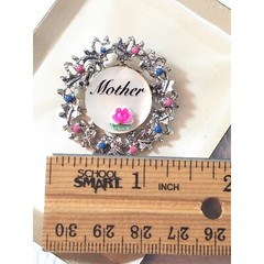 Mother’s Day Brooch Pink Blue Rhinestones Rose Orig Box Lining 1.25″ NIB