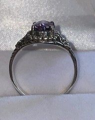 Oval Simulated Purple Amethyst & Sterling Silver Ring Flowers on Sides Size 8