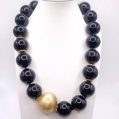 Vintage Black Onyx And Venetian Metal Golden Spheres Chunky Necklace 14”