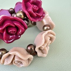 Carved Rose Bracelet Stack Flower Resin Pink Vintage Pink Red Gothic Romantic