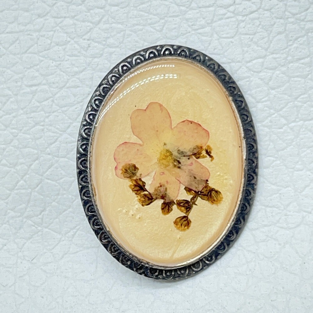 Vtg Pierre Bex Brooch Dried Flowers Oval Tarnished Scroll Detail Trombone Clasp