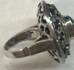 Vintage Sterling Silver Marcasite Green Chalcedony Large Filigree Dome Ring Sz 6