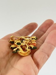 Vtg Signed SWOBODA Flower Basket Pin Brooch w/ Carved Natural Coral and Jade