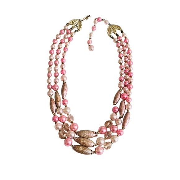 Japan Necklace VTG Glass Pink Pearl Multi Bib Beaded 1960s Glamour Rare Retro
