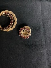 Jewelry Set Of 3 Gold Tone Ruby Stones Pin Back Brooch Clip On Earrings VTG