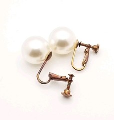 Screw-Back/ Hinged Clip-On Earrings Solitaire Faux Pearl Antique Brass Setting