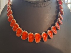 Vintage red celluloid stylized leaf abstract necklace, 16″, articulated