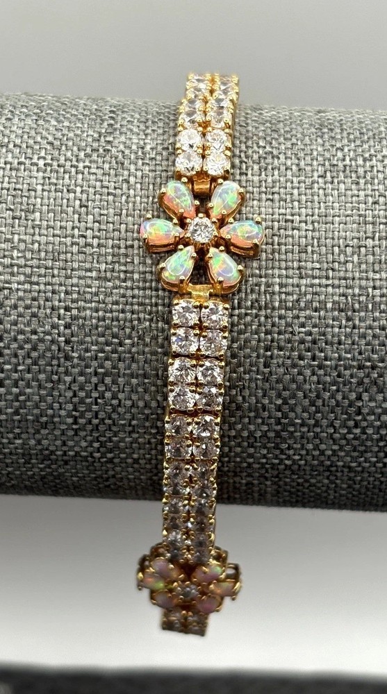 VTG Vermeil Sterling Silver 925 Opal & CZ Tennis Flower Boho Bracelet Floral 8”