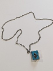 Vintage handcrafted blue leather miniature book necklace and fleur-de-lis Charm