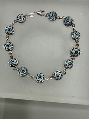 ESTATE STERLING SILVER SWIRL EVIL BLUE EYE BEAD GOOD LUCK LINK BRACELET