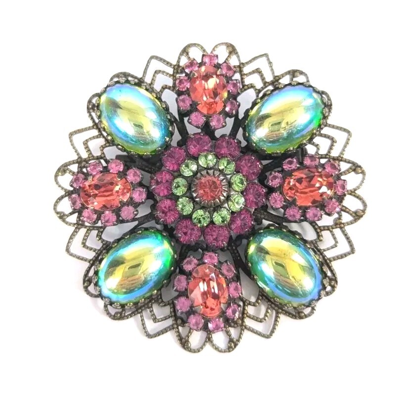 Liz Palacios Pink And Green Watermelon Rhinestone Brooch Pin Vintage